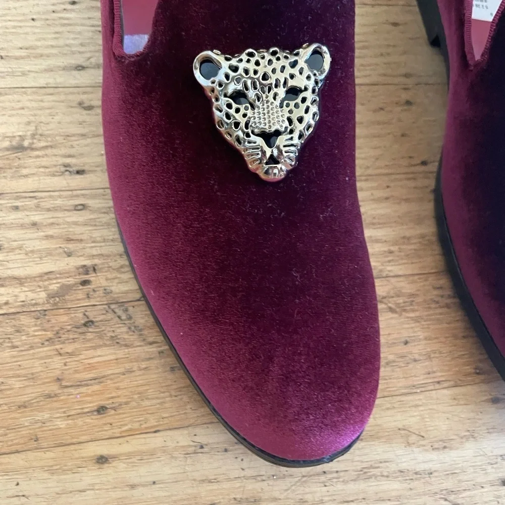 Burgundy Velvet Loafers with Leopard Accent